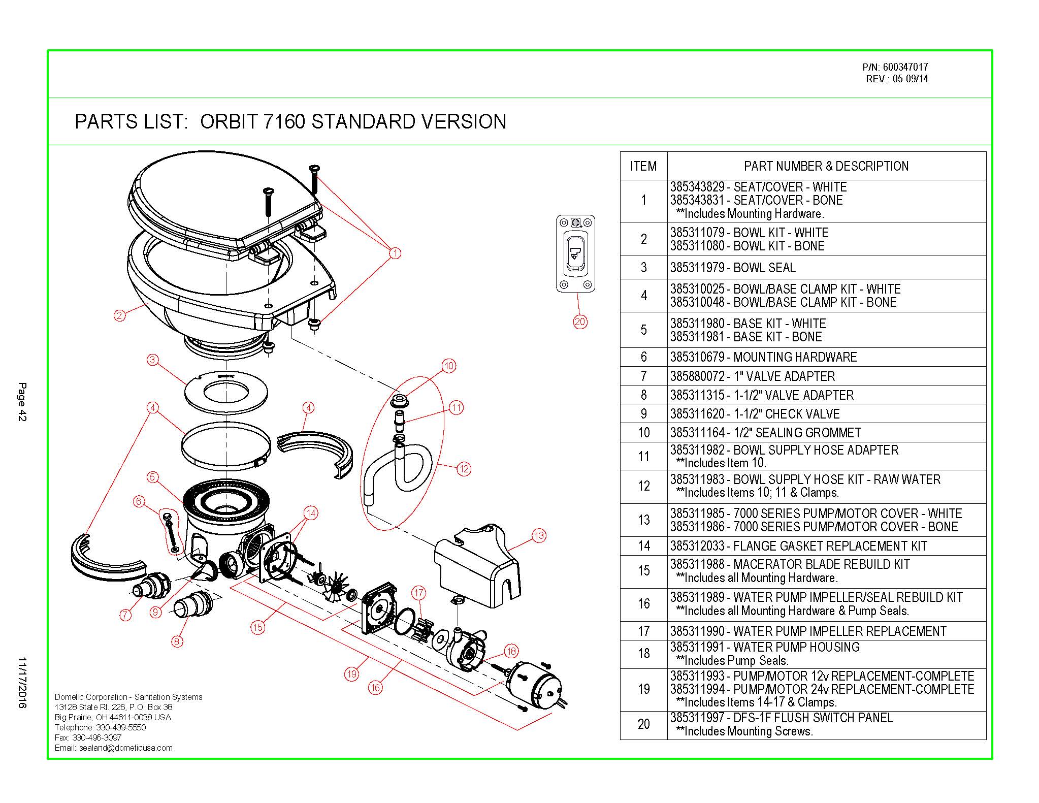 Sealand Dometic 7160 Orbit Toilet Spare Parts